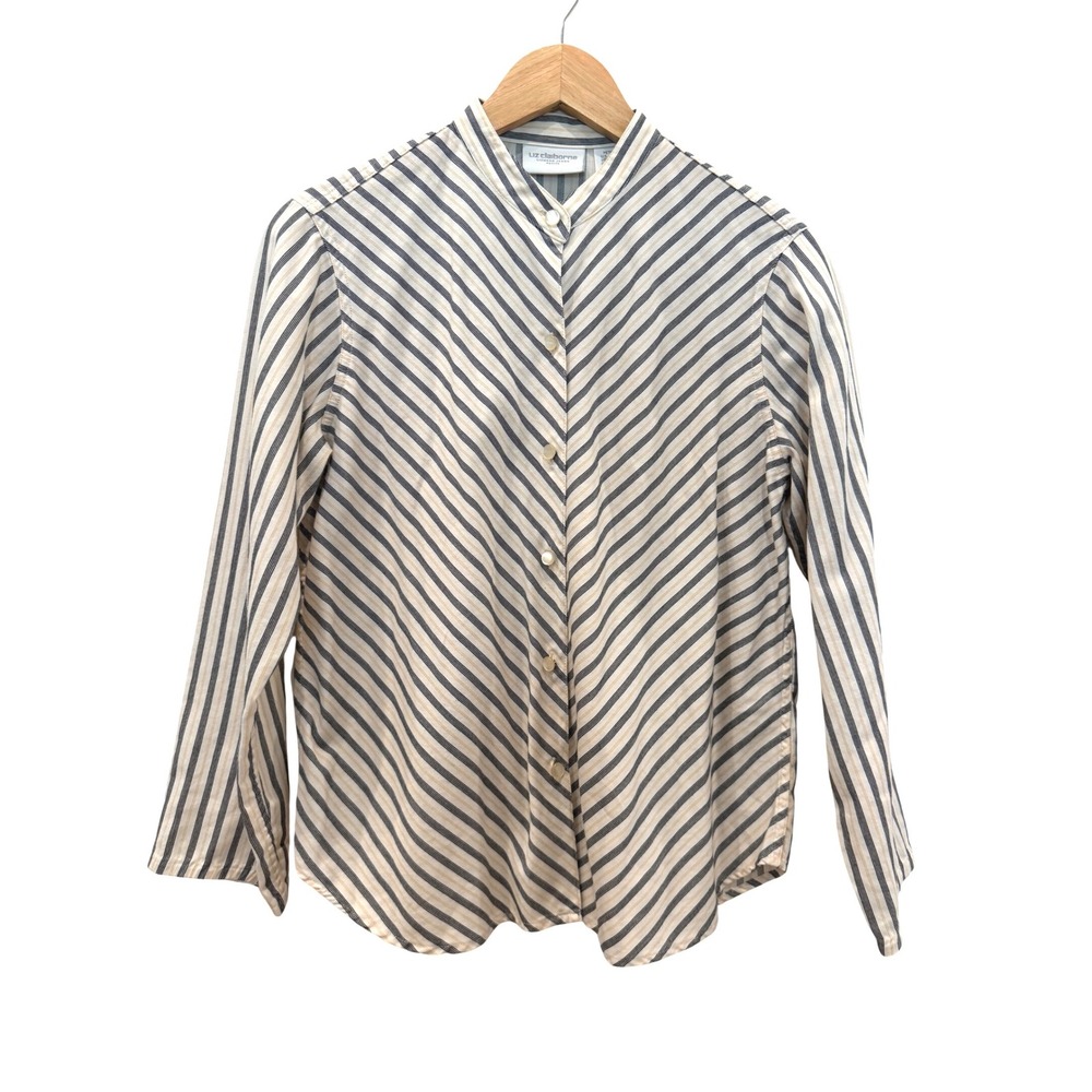 Vintage Liz Claiborne Striped Mandarin Collar Cotton Shirt PS 90's Academia - Picture 2 of 12